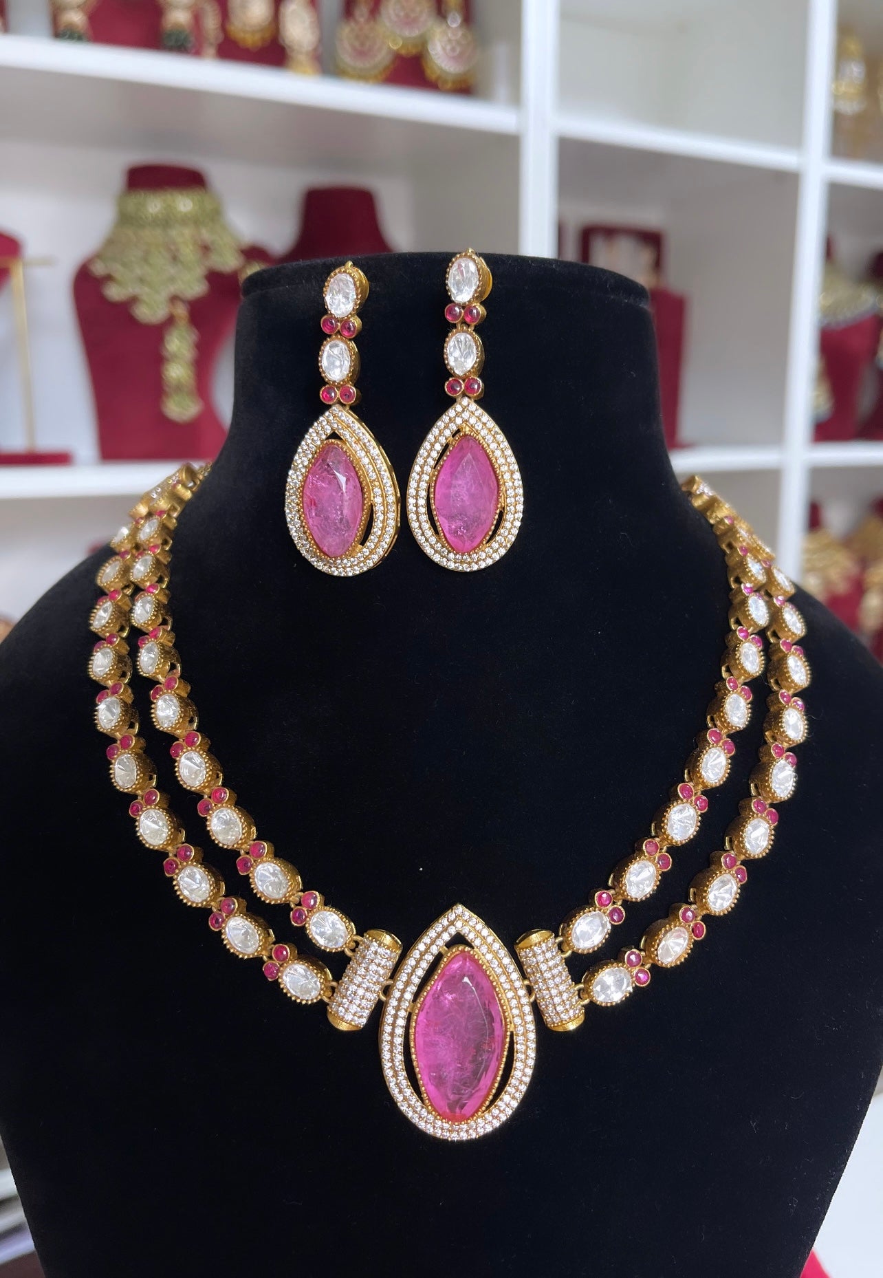 Moissanite Kundan Pink Violet Necklace Set