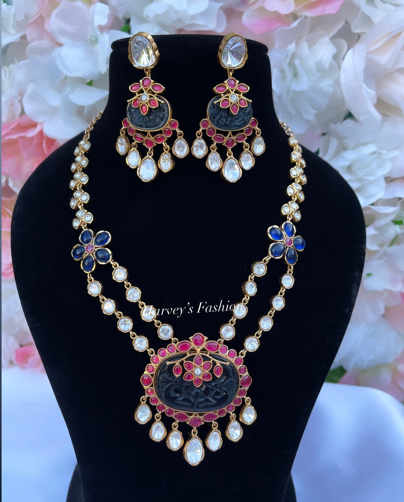 Naaz Moissanite Kundan Long Dark Blue Necklace Set