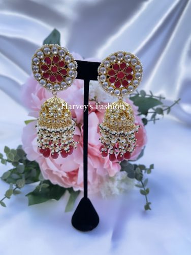 Red Pachi Kundan Jhumke