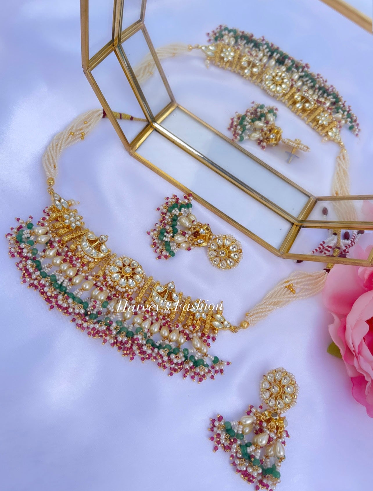 Kajal Hot Pink/Green Kundan Choker Set