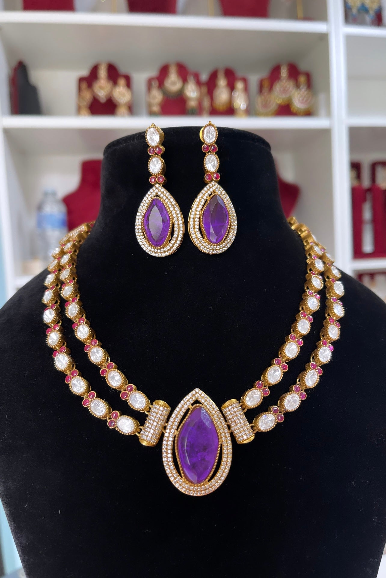 Moissanite Kundan Purple Necklace Set