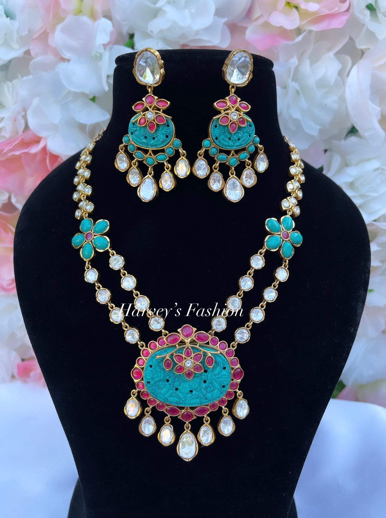 Naaz Moissanite Kundan Long Turquoise Necklace Set