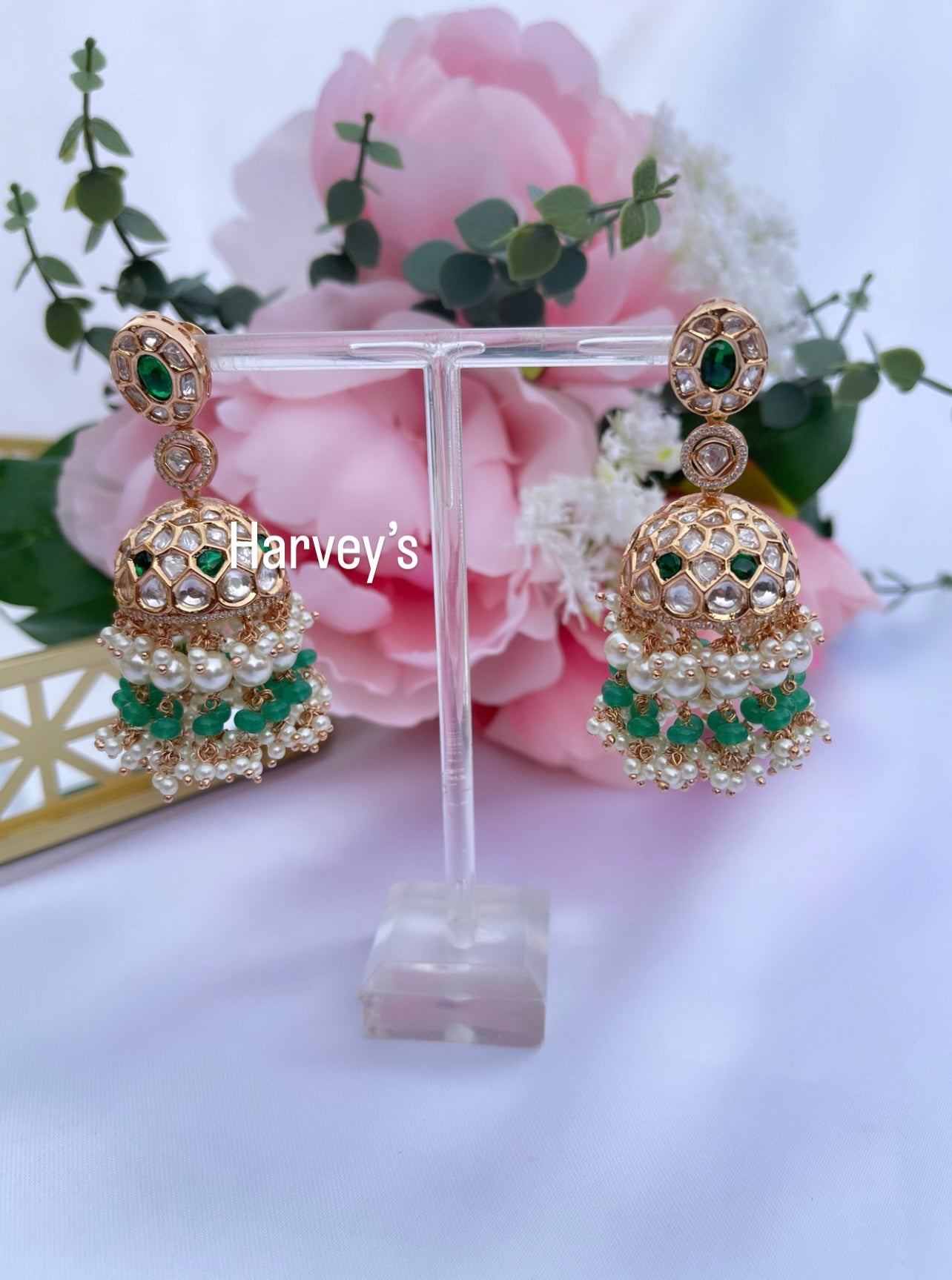 Green/White Kundan Jhumke