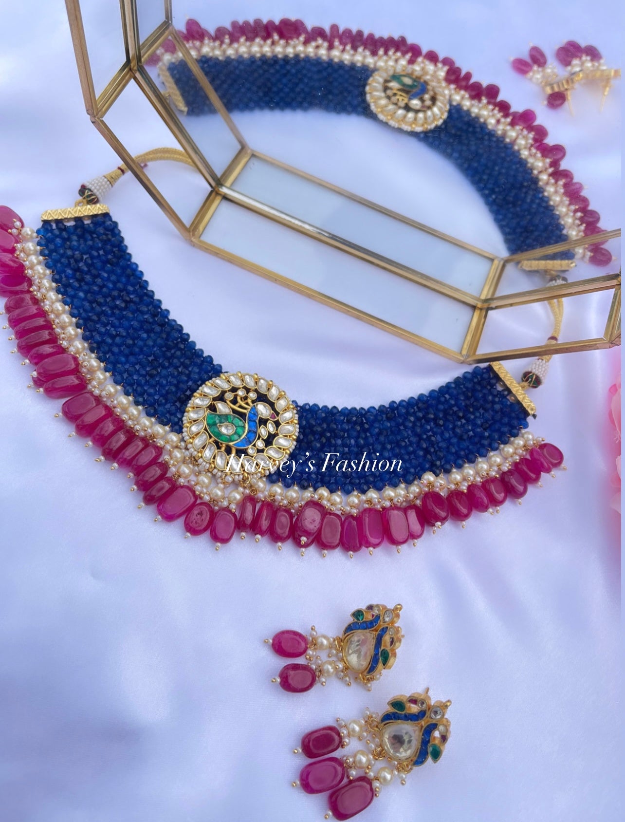 Blue/Hot Pink Kundan Set