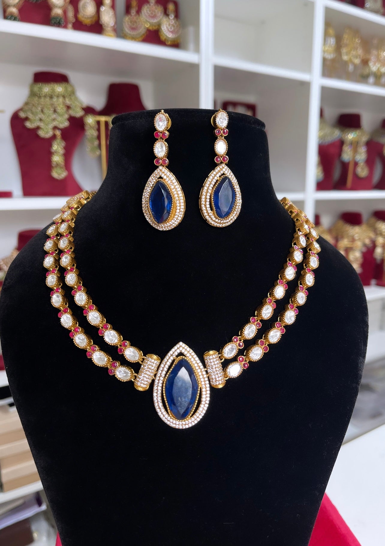Moissanite Kundan Blue Necklace Set.