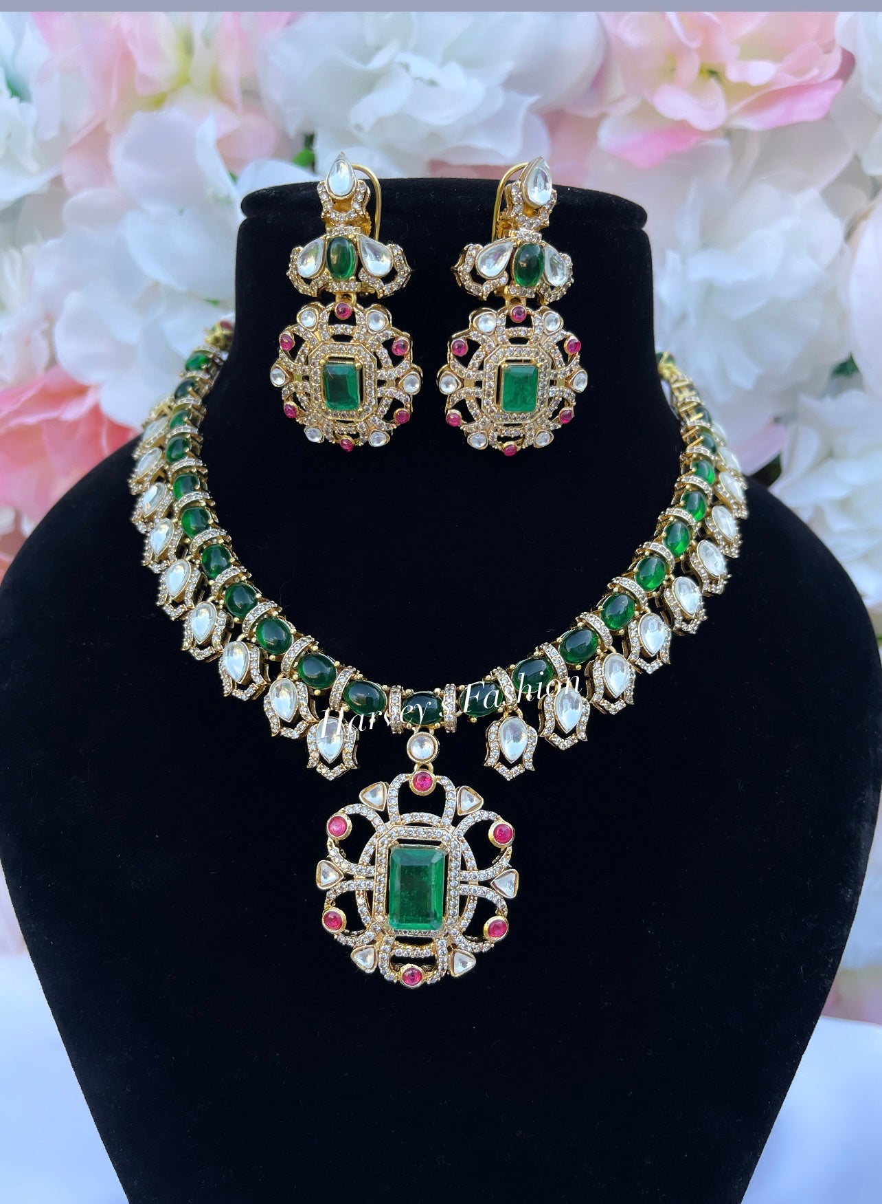 Kundan Green/Hot Pink Necklace Set