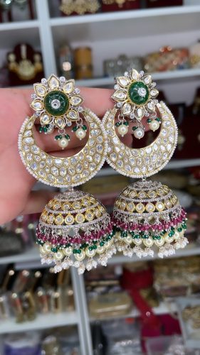Oversized Uncut Kundan Green Jhumke