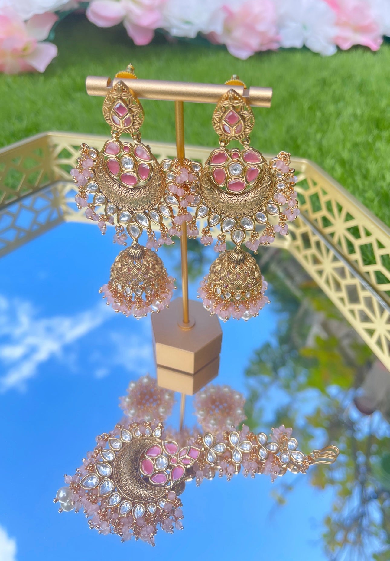 Farah Uncut Kundan Baby Pink Earrings with Tikka