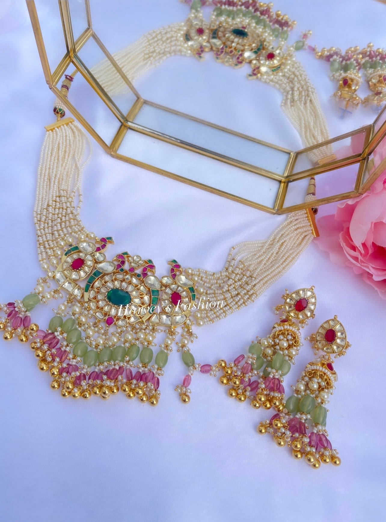 Arsh Hot Pink/Green Pachi Kundan Choker Set